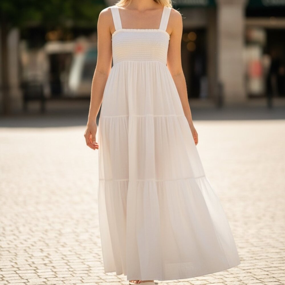 Small Michael Kors Stretch Cotton Empire-Waist Tiered Maxi Dress - White